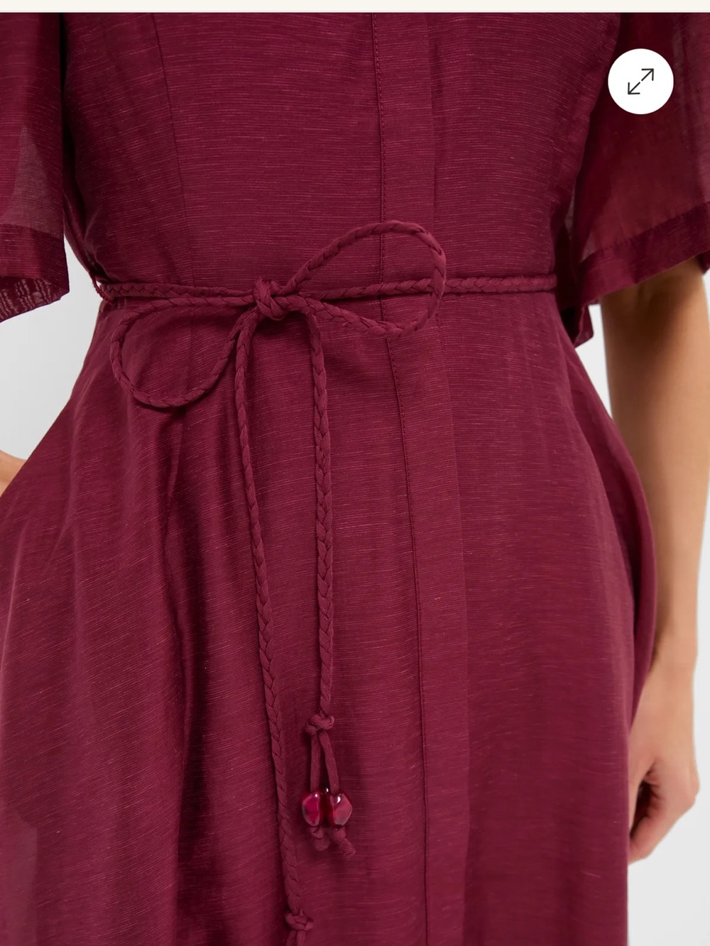 Women's Burgundy Midi Shirt Dress with Tie Waist and Puff Sleeves - Picture 5 of 6